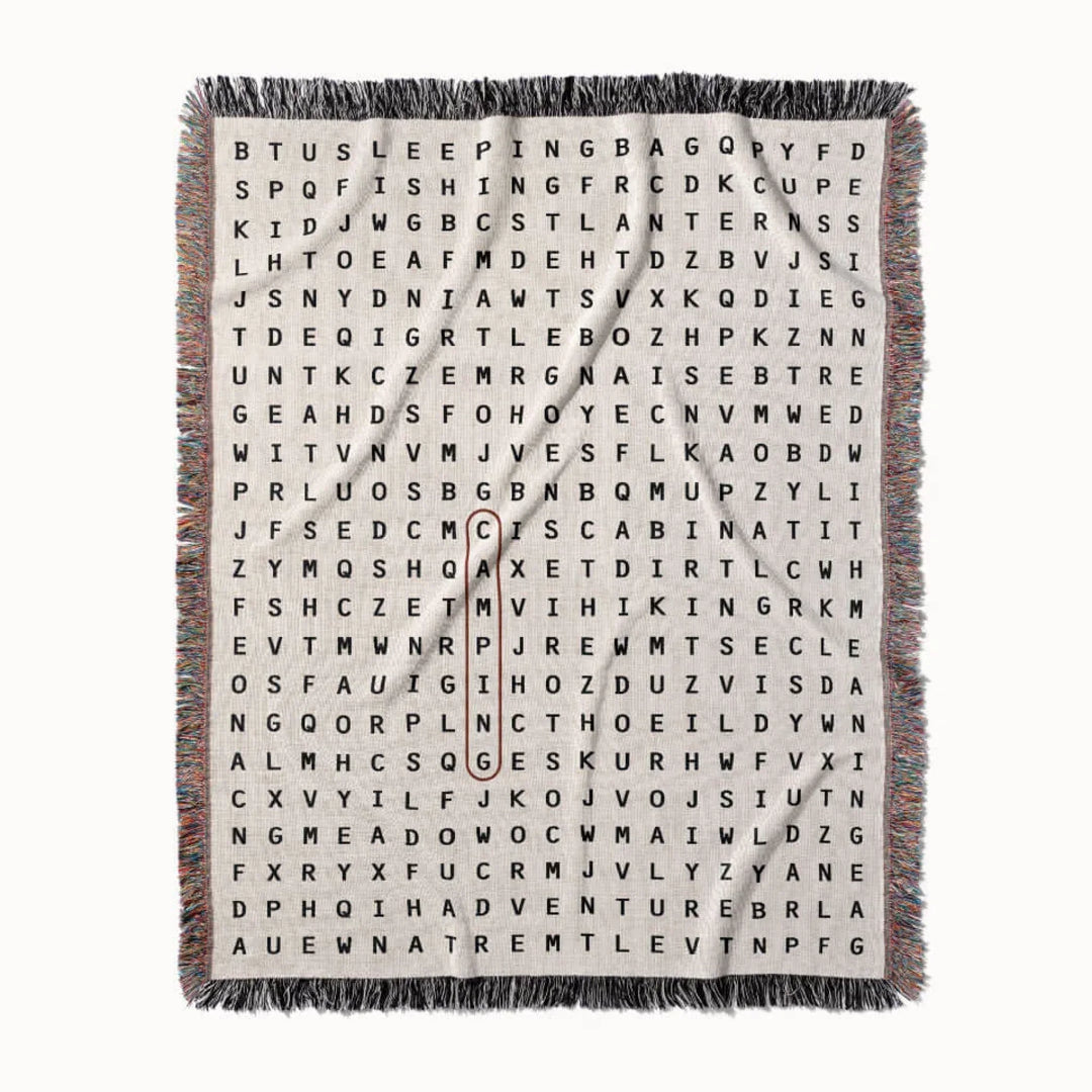 Camping Word Search Studio Woven Throw Blanket, Designed With Meaning