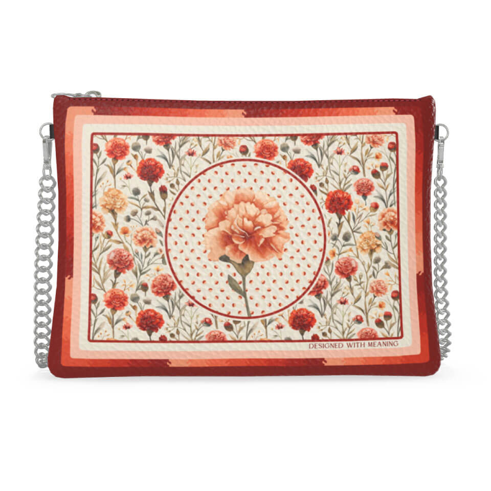 Carnation Flower Zip Crossbody, Leather Handbag, Designed With Meaning