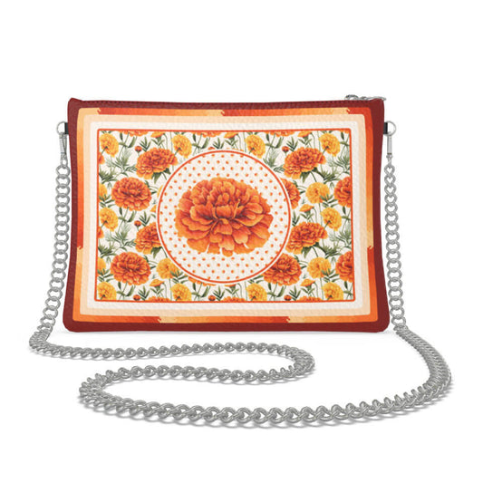 Marigold Flower Zip Crossbody, Leather Handbag, Designed With Meaning
