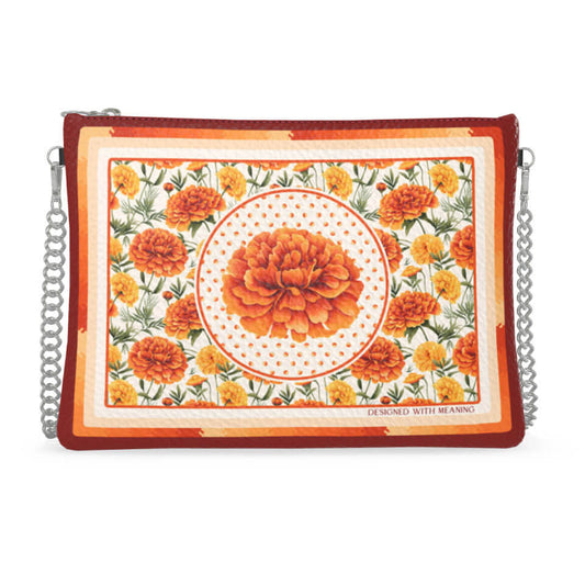 Marigold Flower Zip Crossbody, Leather Handbag, Designed With Meaning